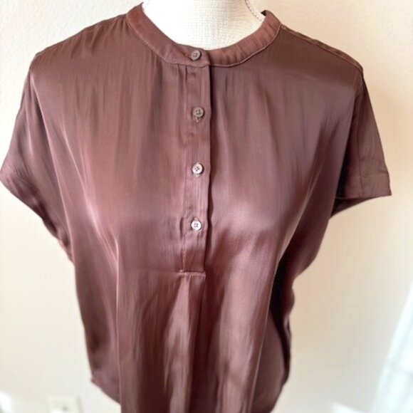 Old Navy Brown Satin Henley Short Sleeved Blouse - M - Picture 1 of 8